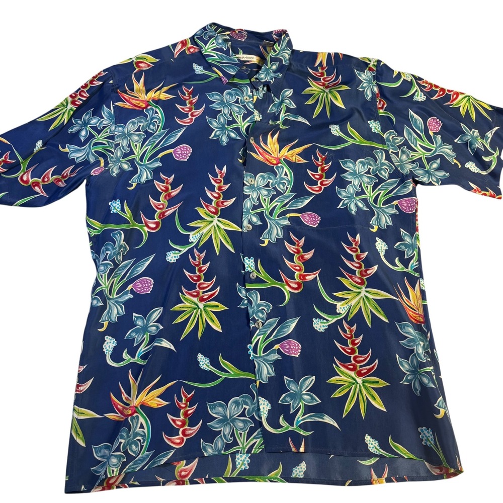 Burma Bibas Mens Large Silk Tropical Floral Bird of Paradise Aloha Shirt Navy